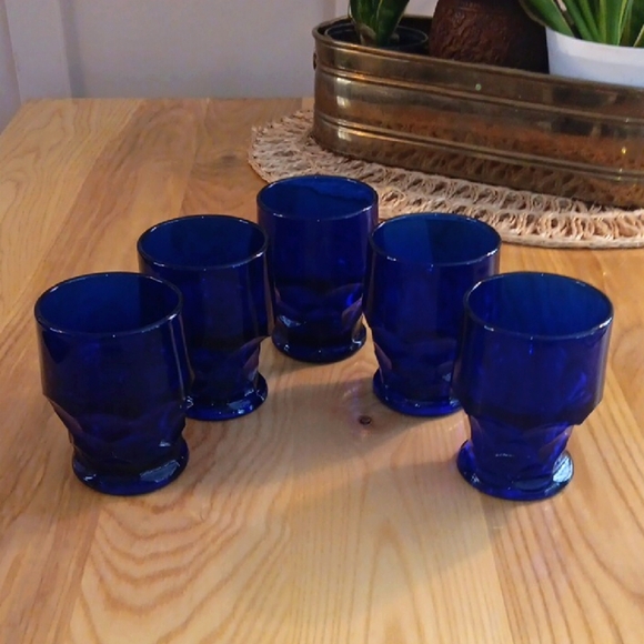 Vintage Cobalt Blue Georgian Honeycomb Glasses Set Of 5 Viking - Picture 1 of 5